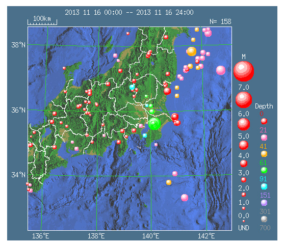 11月16日（土）に発生した関東・中部の地震分布図