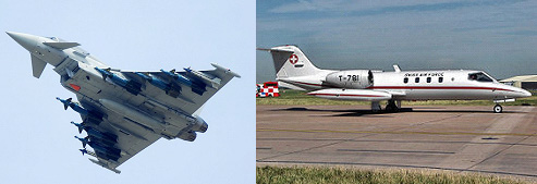 写真はユーロファイター（左）とリアジェット機