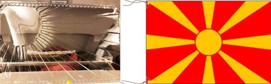 日航の弁当のパッケージ（左）とマケドニアの国旗